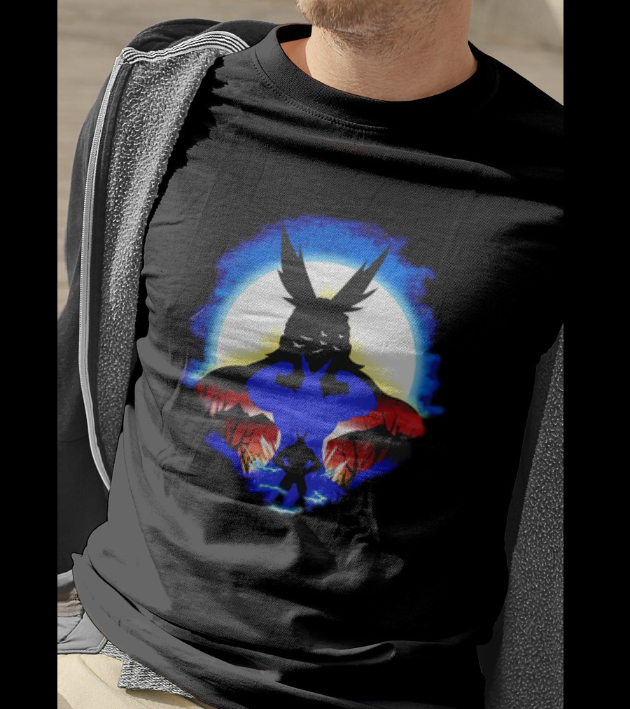 Midoriya And All Might Heroic Silhouettes In Vibrant Night Landscape T-Shirt