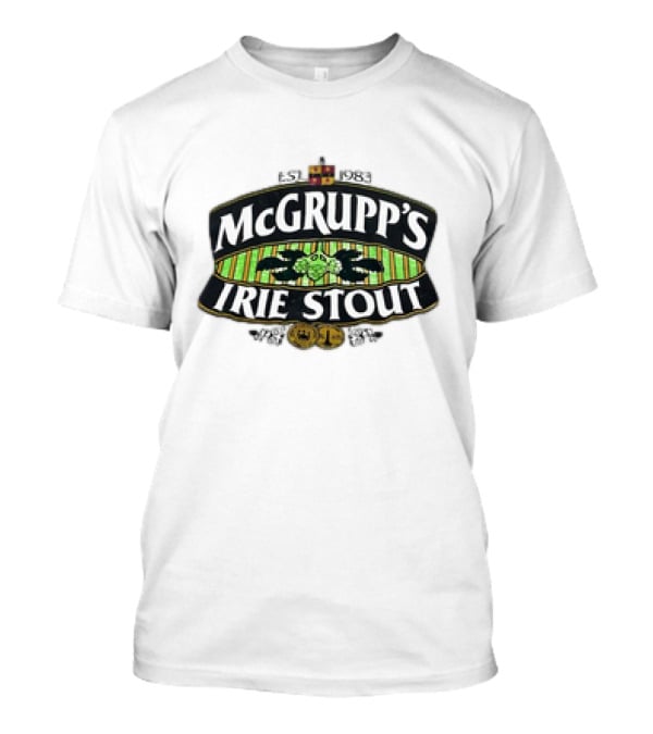 McGrupp's Irie Stout Est 1983 Logo With Green Striped Background And Emblem T-Shirt
