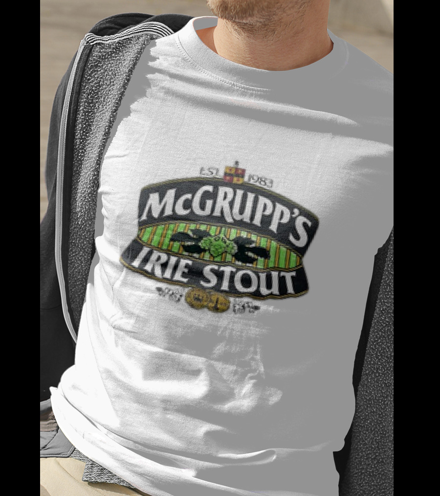 McGrupp's Irie Stout Est 1983 Logo With Green Striped Background And Emblem T-Shirt