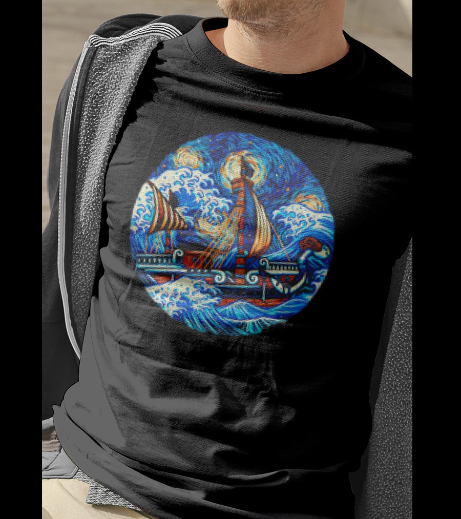 Going Merry One Piece Pirate Ship Van Gogh Wave T-Shirt