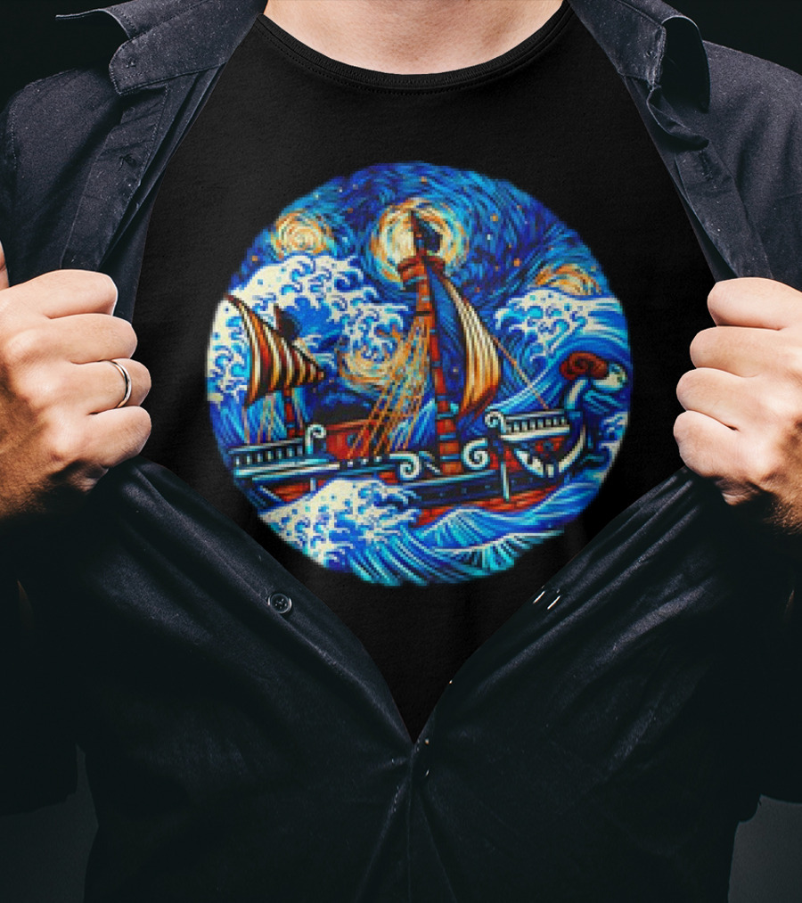 Going Merry One Piece Pirate Ship Van Gogh Wave T-Shirt