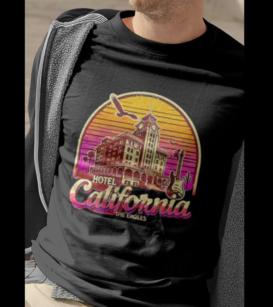 Hotel California The Eagles Sunset Art Deco Guitar And Seagulls T-Shirt