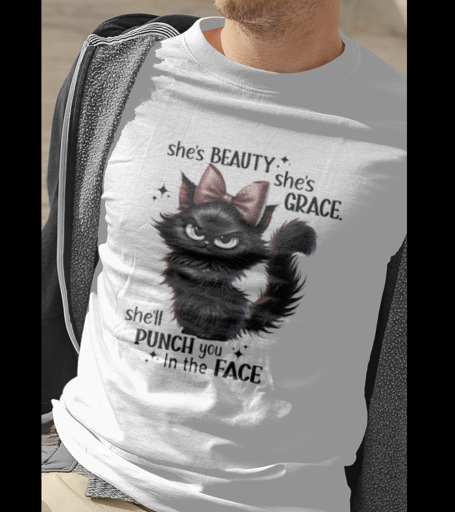 She's Beauty She's Grace She'll Punch You In The Face Black Cat With Bow And Sparkles T-Shirt