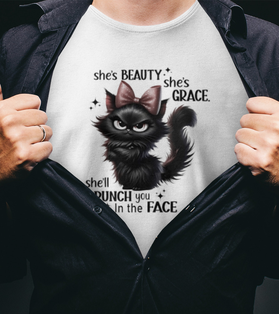 She's Beauty She's Grace She'll Punch You In The Face Black Cat With Bow And Sparkles T-Shirt