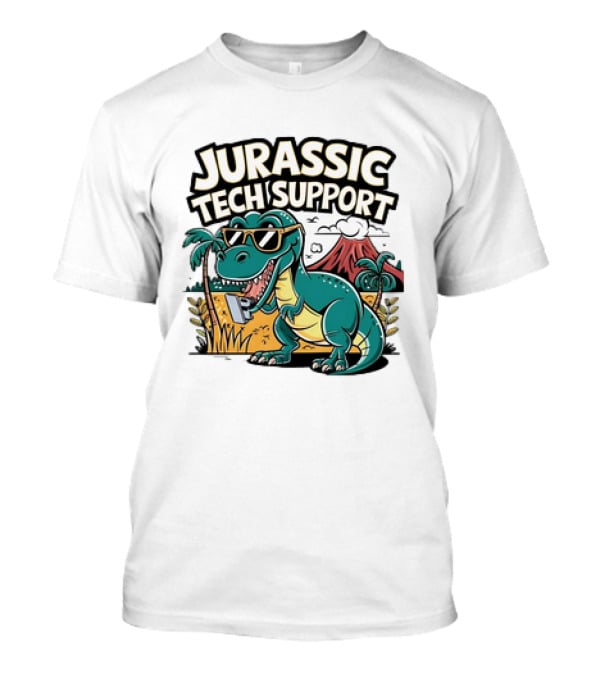 Jurassic Tech Support Dinosaur With Sunglasses And Volcano T-Shirt