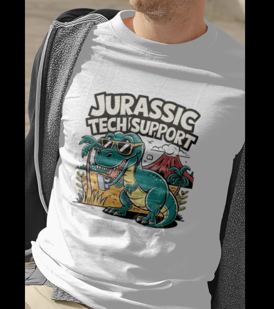 Jurassic Tech Support Dinosaur With Sunglasses And Volcano T-Shirt