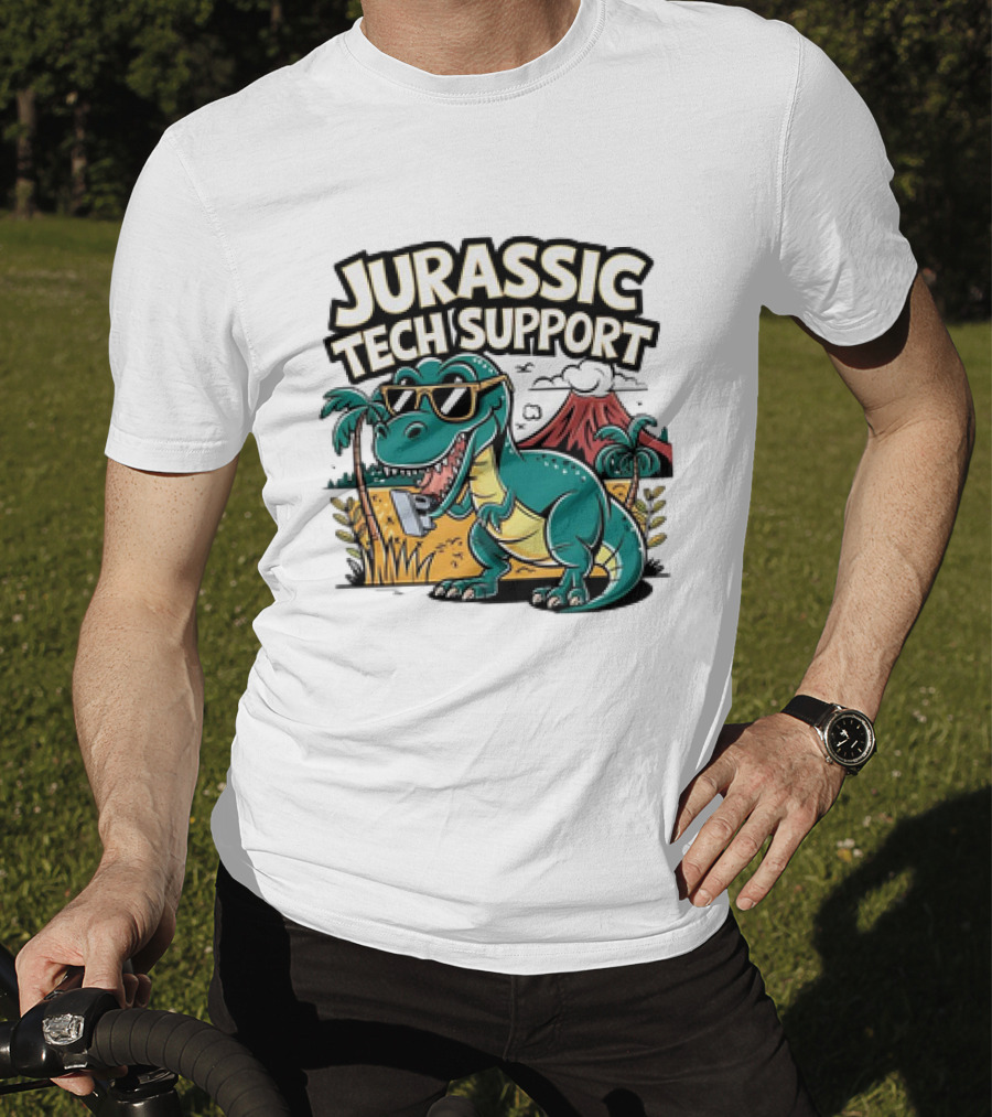 Jurassic Tech Support Dinosaur With Sunglasses And Volcano T-Shirt