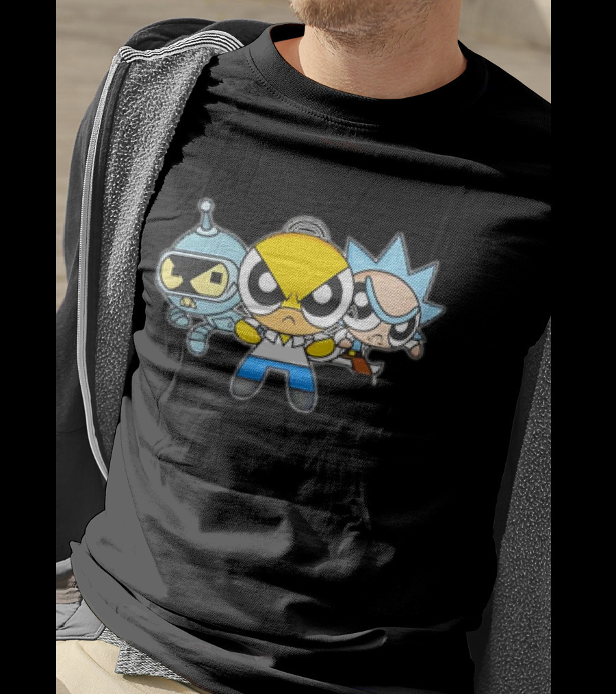 Bender Homer Rick Powerpuff Girls Drunkenpuff Guys Crossover T-Shirt