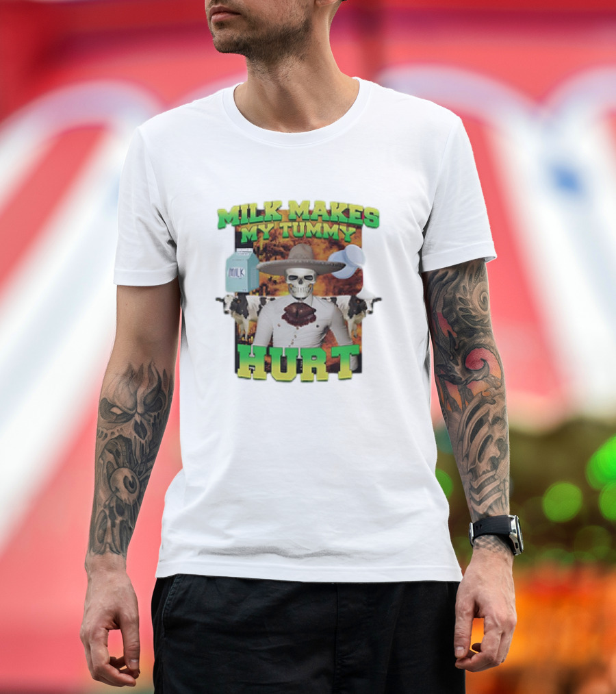 Milk Makes My Tummy Hurt Skeleton Cowboy Meme with Milk Jug and Cows T-Shirt