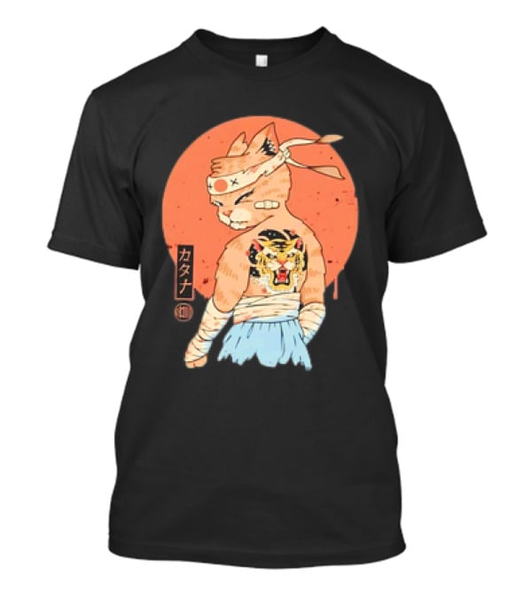 Samurai Cat Katana Battle Damage Japanese Tiger Tattoo T-Shirt