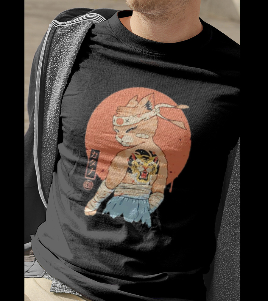 Samurai Cat Katana Battle Damage Japanese Tiger Tattoo T-Shirt