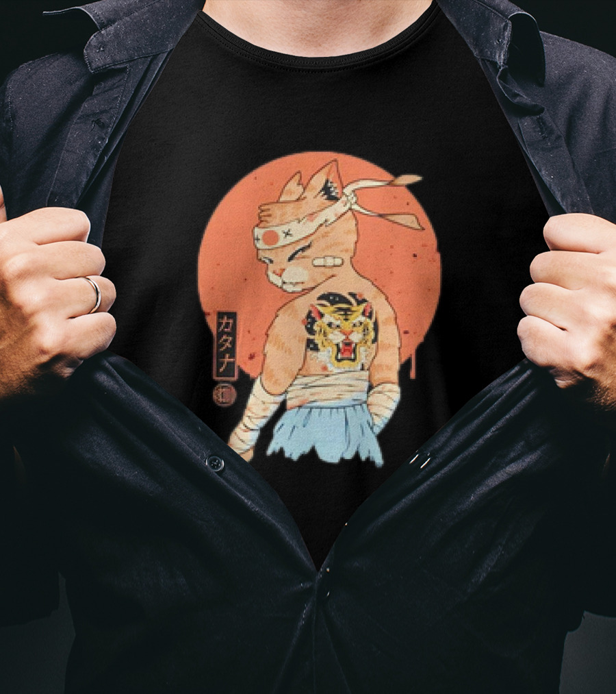 Samurai Cat Katana Battle Damage Japanese Tiger Tattoo T-Shirt
