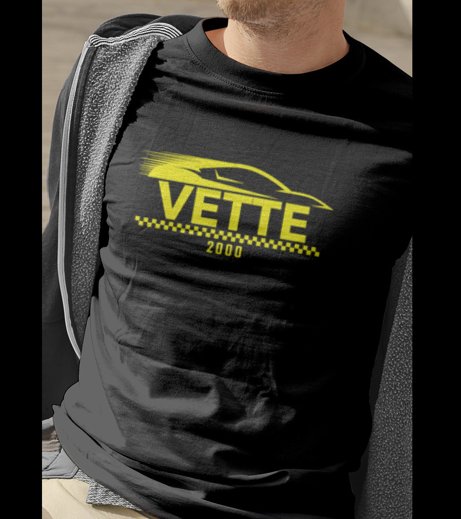 Vette 2000 Sports Car Yellow Silhouette And Checkered Stripe T-Shirt