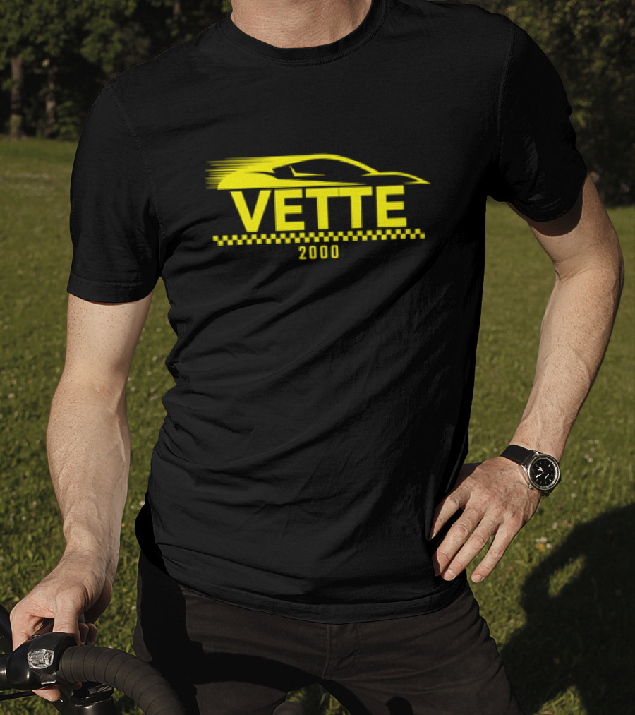 Vette 2000 Sports Car Yellow Silhouette And Checkered Stripe T-Shirt