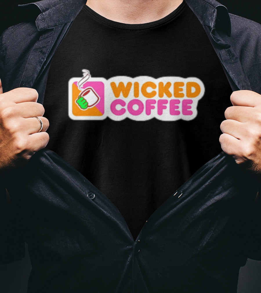 Wicked Coffee With Steaming Cup Emoji In Bold Pink And Orange Letters T-Shirt