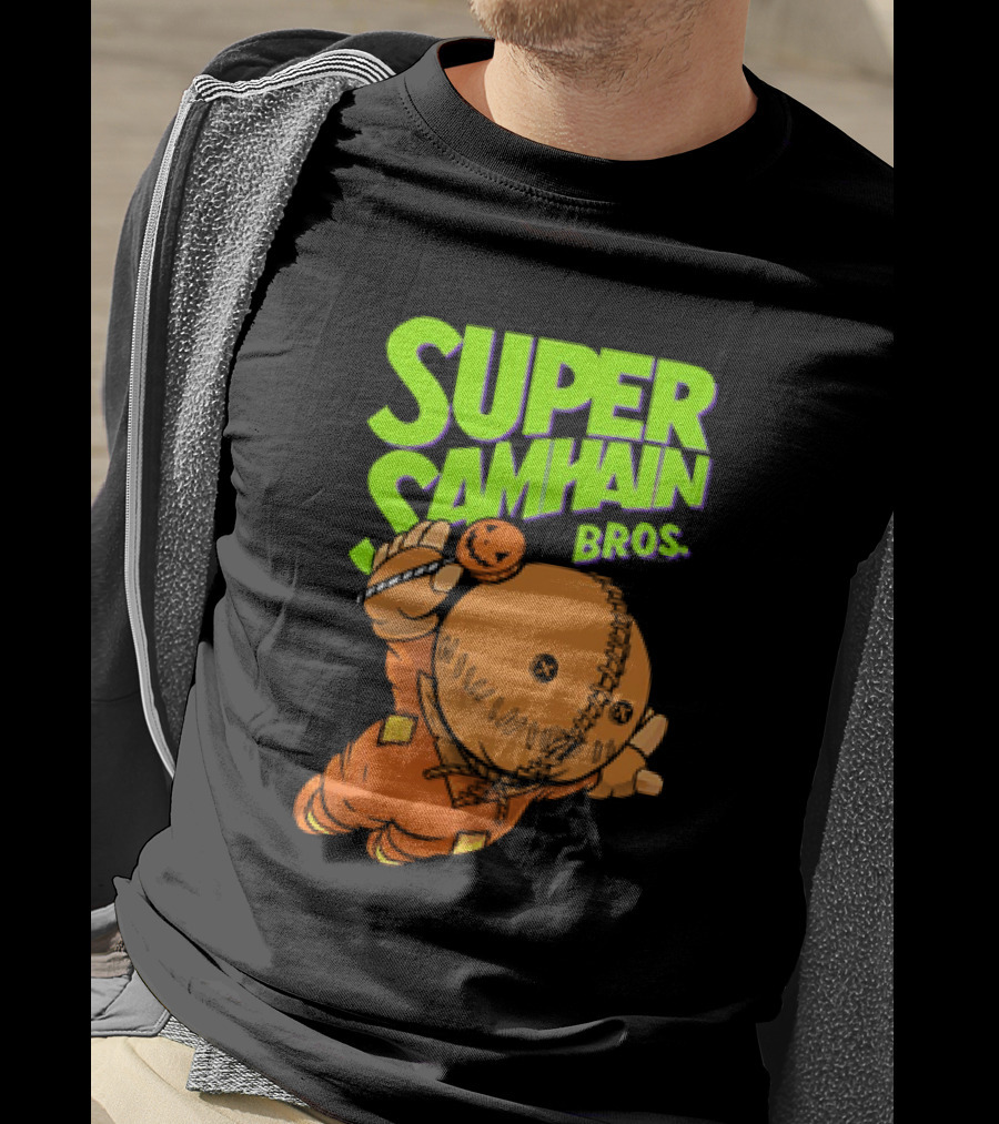 Super Samhain Bros Trick ‘r Treat Sam Icon In Pumpkin Suit With Green And Orange Highlights T-Shirt