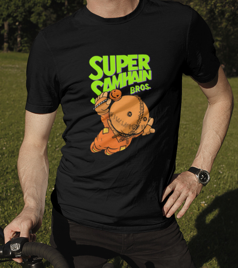 Super Samhain Bros Trick ‘r Treat Sam Icon In Pumpkin Suit With Green And Orange Highlights T-Shirt