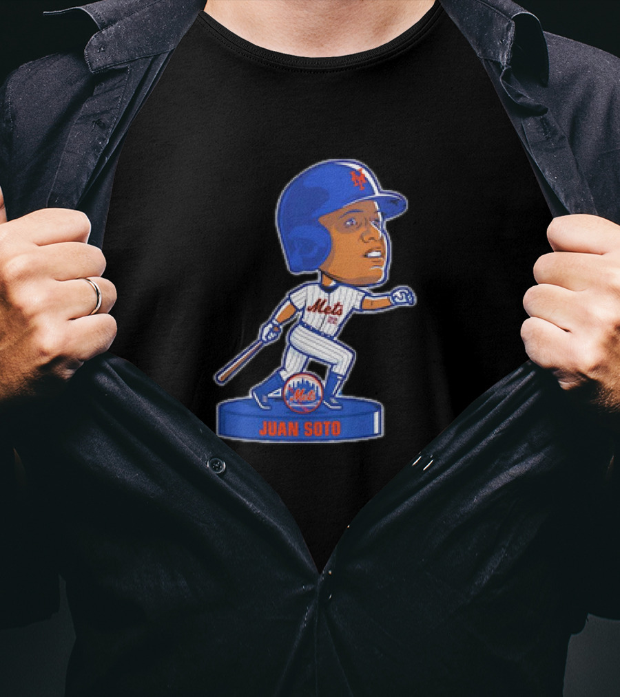 Juan Soto New York Mets Bobblehead Cartoon Mets Logo Baseball T-Shirt