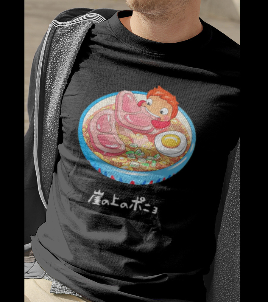 Ponyo Swims In Ramen Bowl With Egg And Noodles Japanese Text T-Shirt