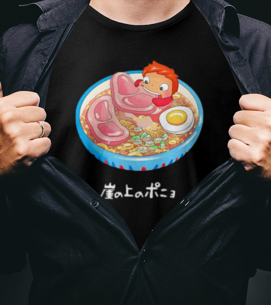 Ponyo Swims In Ramen Bowl With Egg And Noodles Japanese Text T-Shirt
