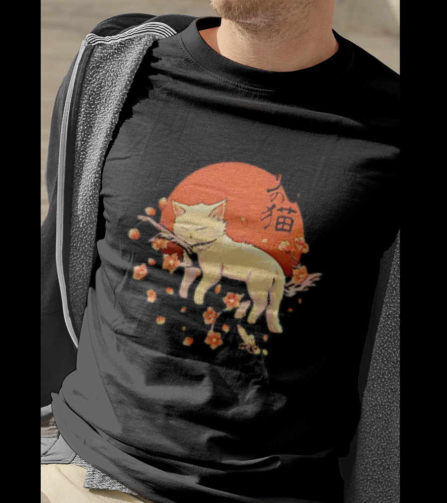 Sleeping Cat With Blossoms Under Red Sun T-Shirt