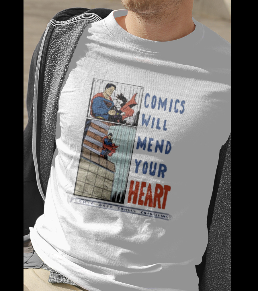 Comics Will Mend Your Heart Comic Book Couples Counseling Iconic Characters Embrace T-Shirt
