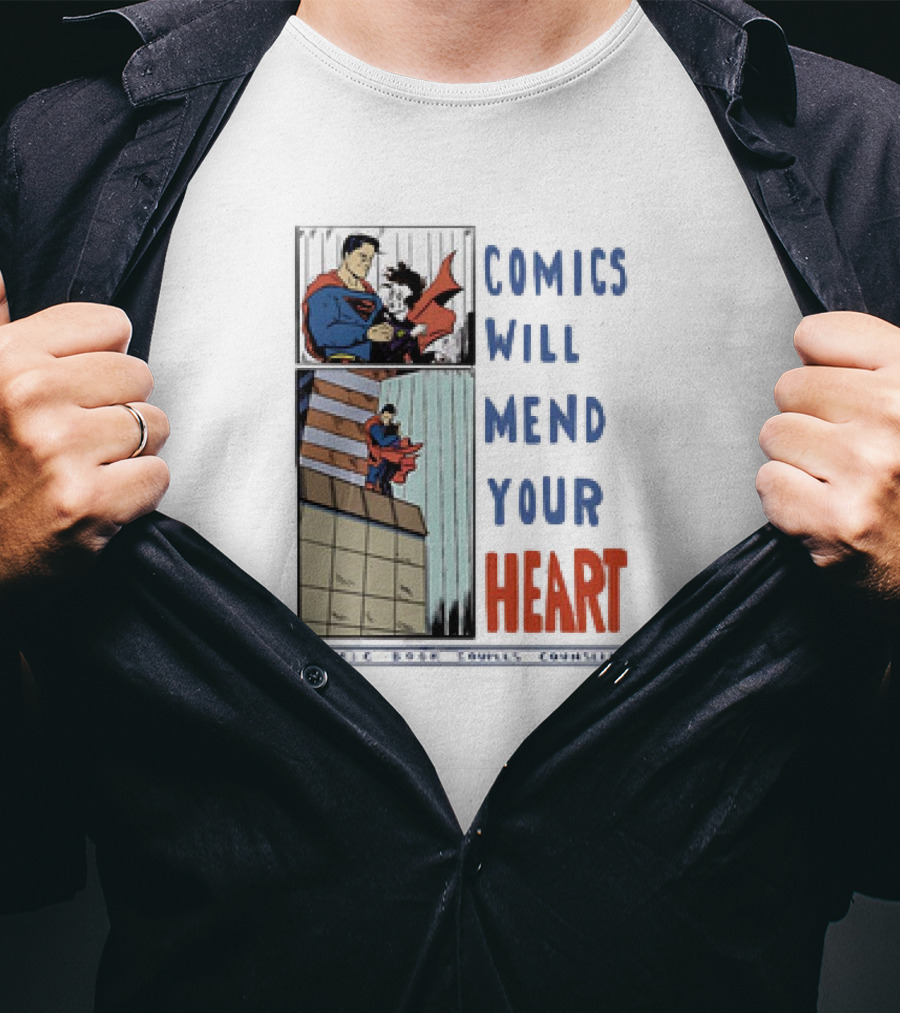Comics Will Mend Your Heart Comic Book Couples Counseling Iconic Characters Embrace T-Shirt