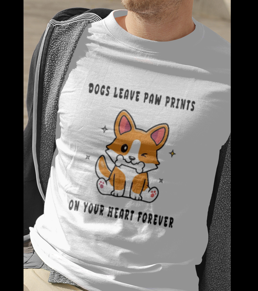 Dogs Leave Paw Prints On Your Heart Forever Shiba Inu Illustration With Bone And Stars T-Shirt