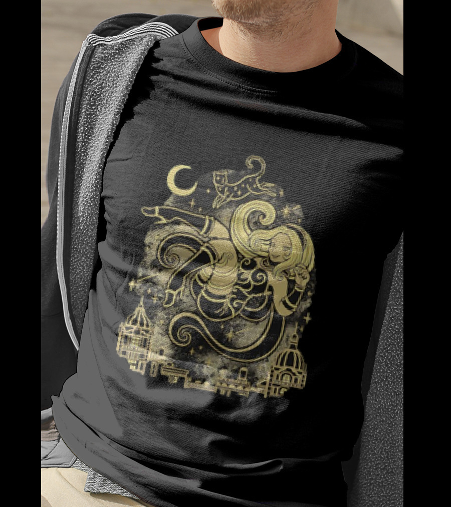 Gravity Rush Floating Cat And Girl In The Sky With Crescent Moon Cityscape T-Shirt