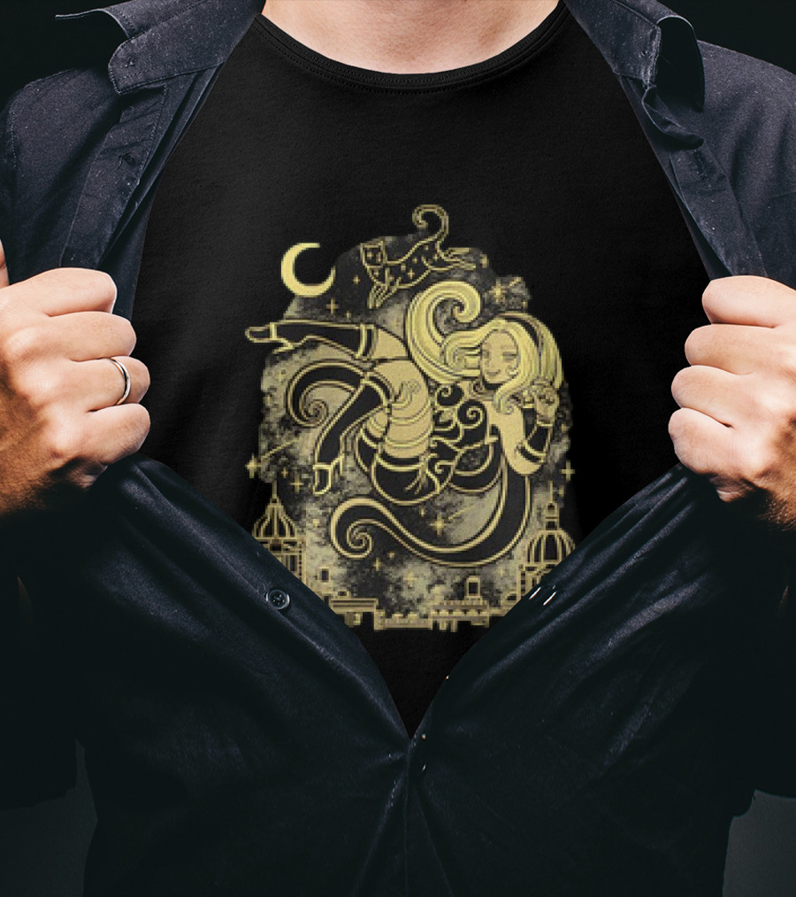 Gravity Rush Floating Cat And Girl In The Sky With Crescent Moon Cityscape T-Shirt