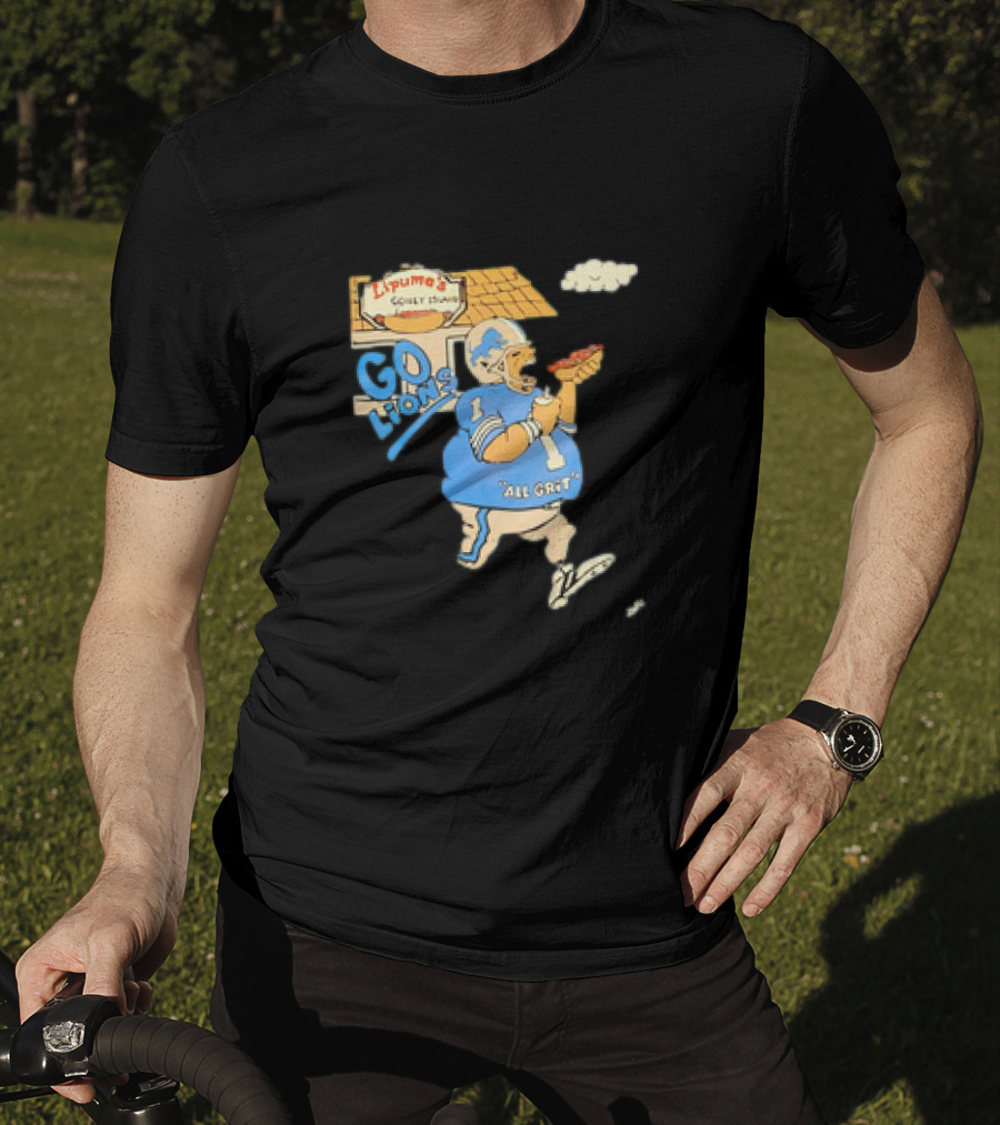 Lipuma’s Coney Island Go Lions All Grit Detroit Lions Football Player Eating Hot Dog T-Shirt