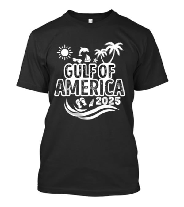 Gulf Of America 2025 Sun Palm Trees Dolphin Sailboat Sandals Waves T-Shirt