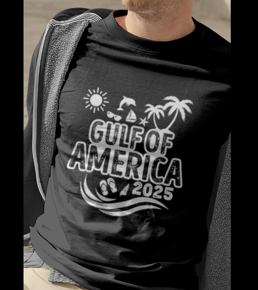 Gulf Of America 2025 Sun Palm Trees Dolphin Sailboat Sandals Waves T-Shirt