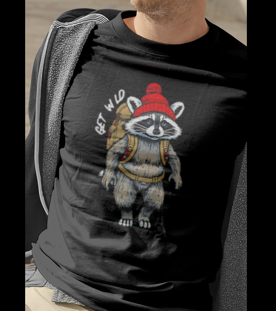 Get Wld Raccoon With Backpack And Red Beanie T-Shirt