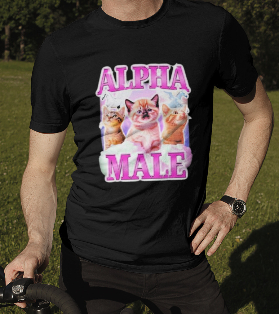 Alpha Male Cat Trio With Rainbow Unicorns And Clouds T-Shirt