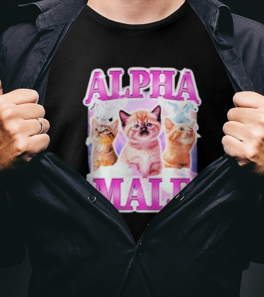 Alpha Male Cat Trio With Rainbow Unicorns And Clouds T-Shirt