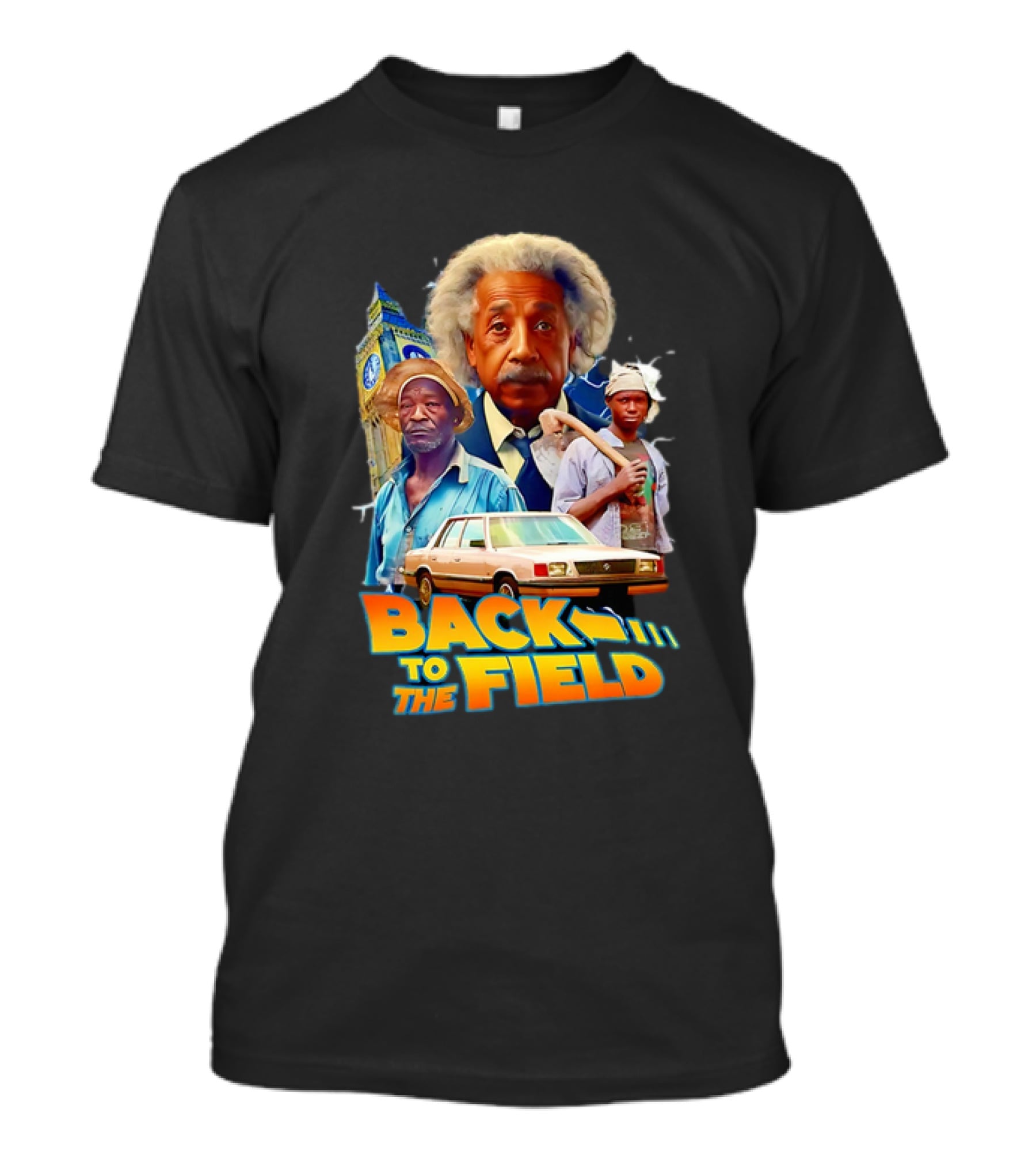 Back To The Field Einstein Time Travel Comedy UK Farmers And Car T-Shirt