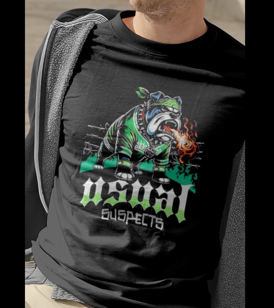 Usual Suspects Bulldog With Fiery Breath And Green Bandana T-Shirt