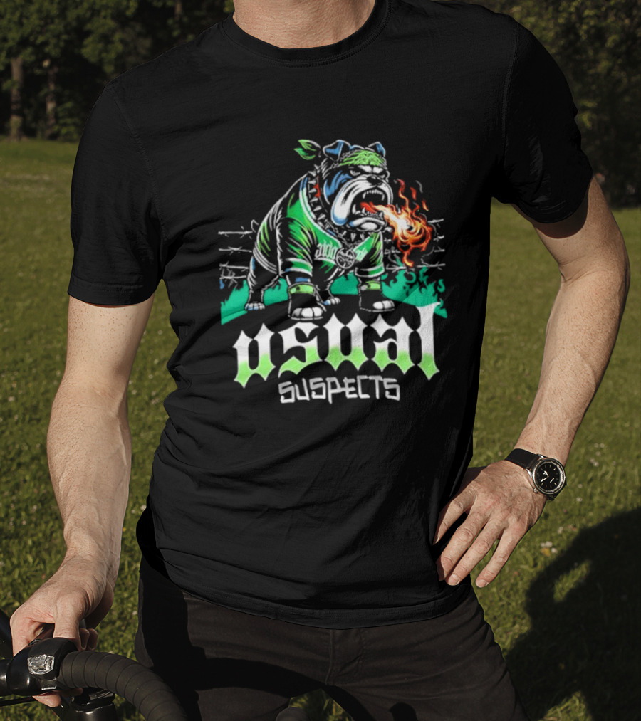 Usual Suspects Bulldog With Fiery Breath And Green Bandana T-Shirt
