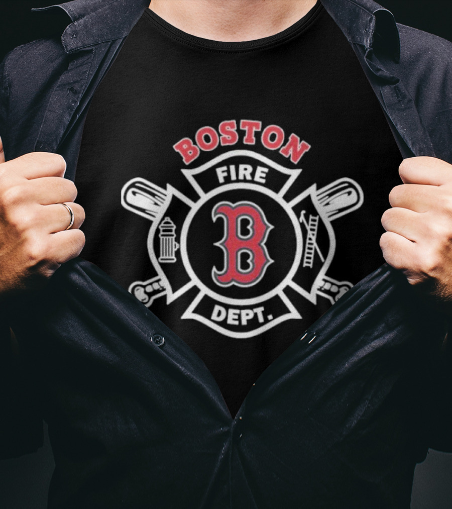 Boston Red Sox Fire Dept Firefighters B Logo Axes And Ladder T-Shirt