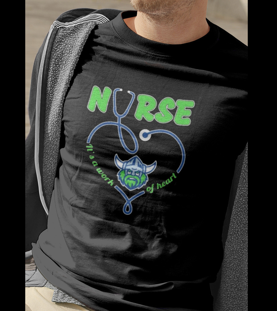 Nurse It's A Work Of Heart Canberra Raiders Stethoscope Viking Helmet T-Shirt