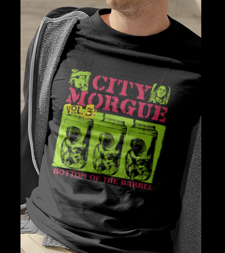 City Morgue Bottom Of The Barrel Green Neon Skeleton Illustrations T-Shirt