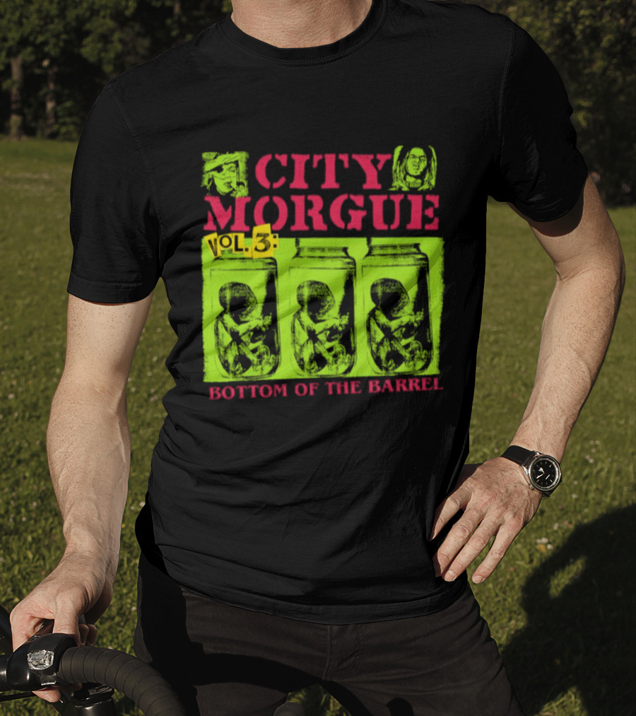 City Morgue Bottom Of The Barrel Green Neon Skeleton Illustrations T-Shirt