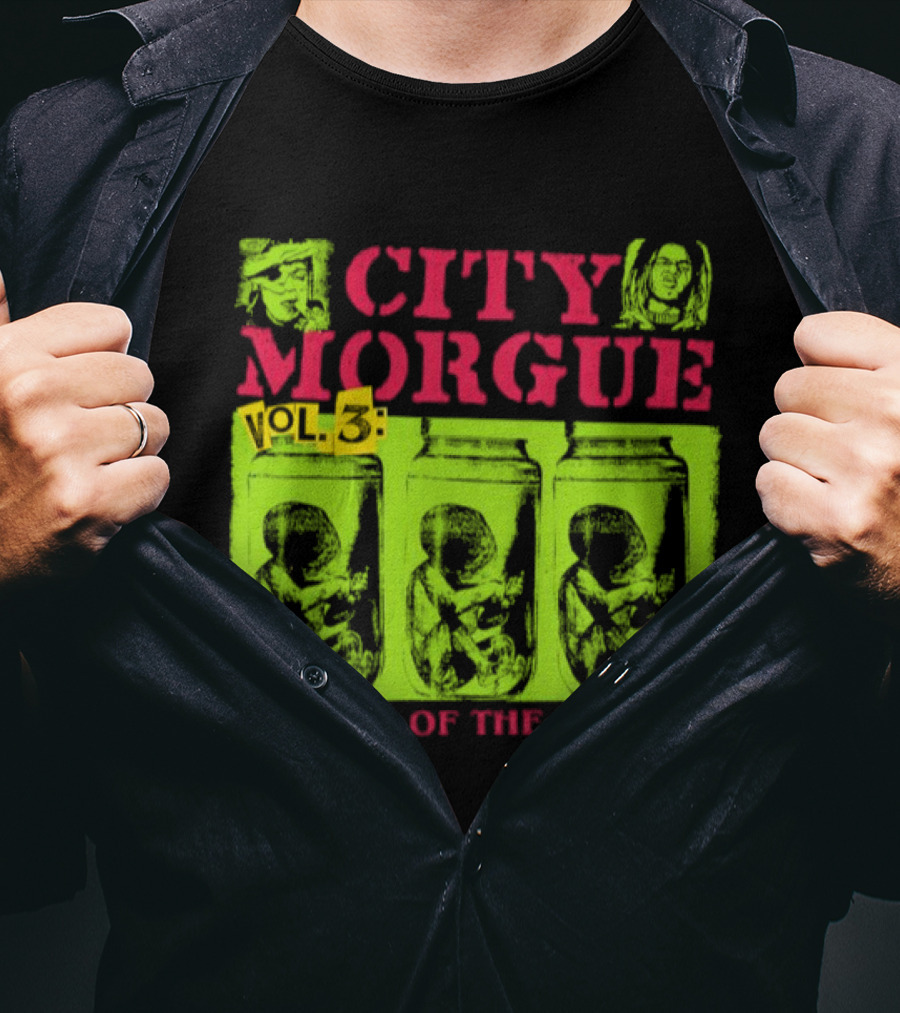 City Morgue Bottom Of The Barrel Green Neon Skeleton Illustrations T-Shirt