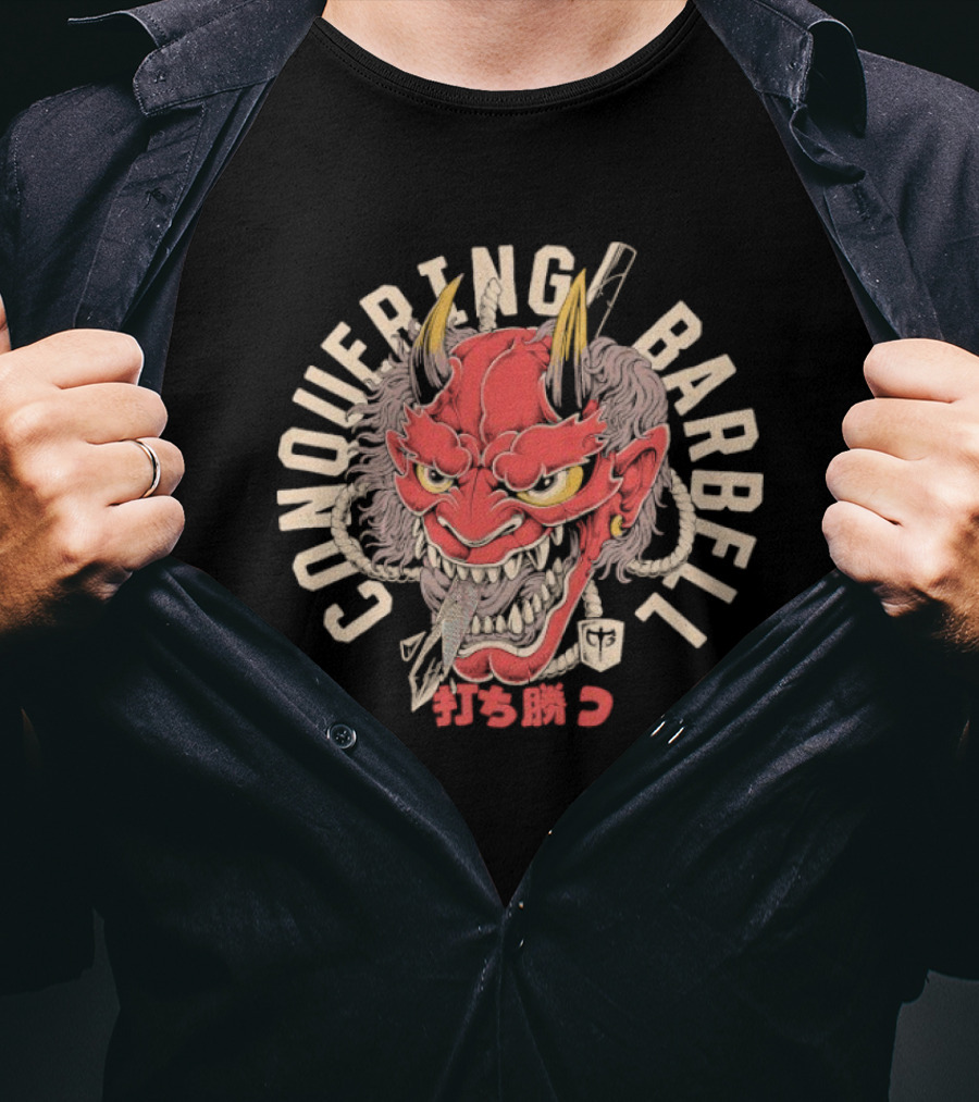 Conquering Barbell Oni Mask Japanese Text T-Shirt