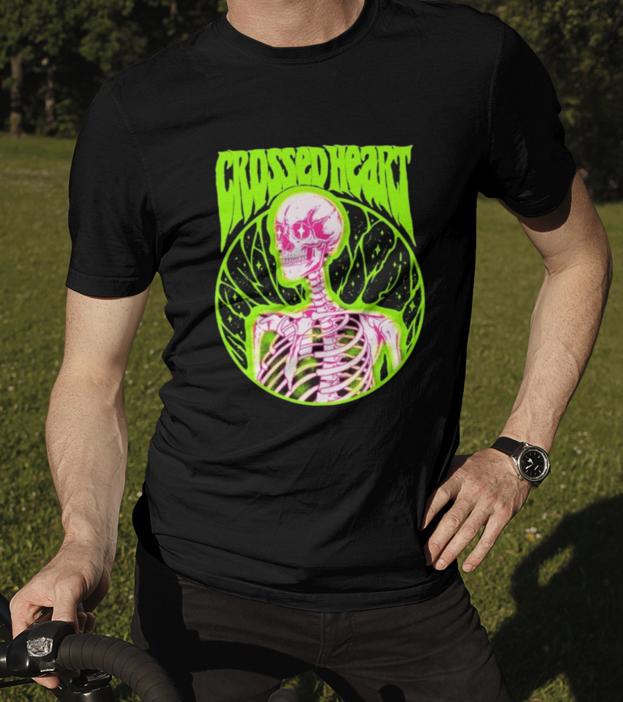 Crossed Heart Skeleton Neon Illustration T-Shirt