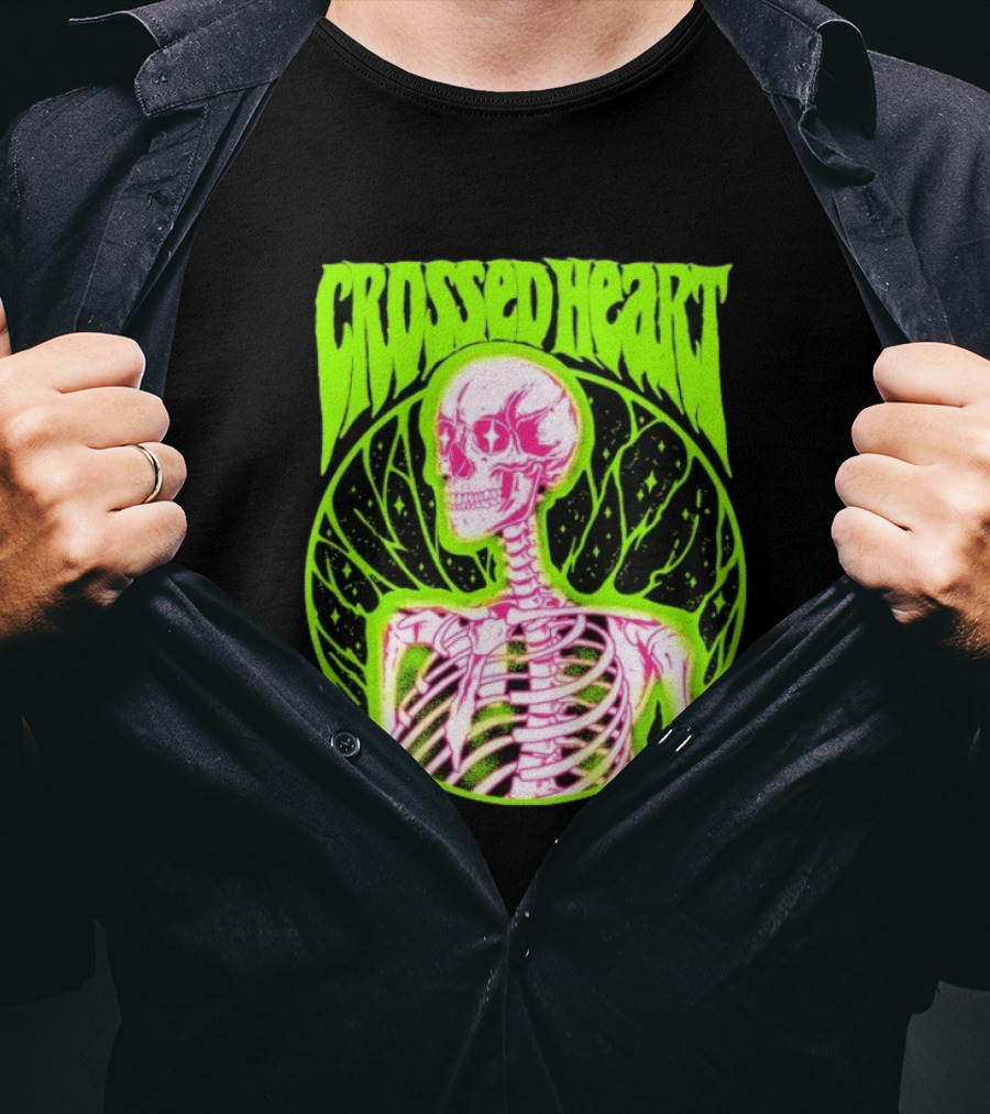 Crossed Heart Skeleton Neon Illustration T-Shirt