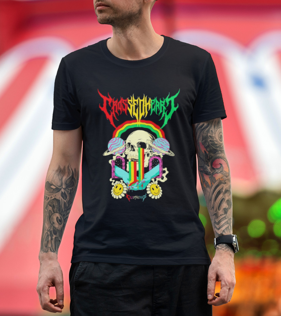 Crossed Heart Skull with Rainbow and Smiley Faces T-Shirt