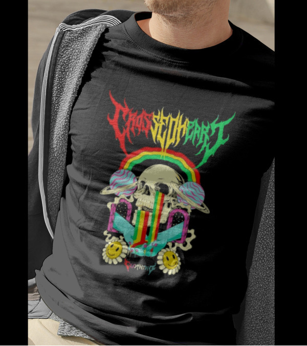 Crossed Heart Skull With Rainbow And Smiley Faces T-Shirt