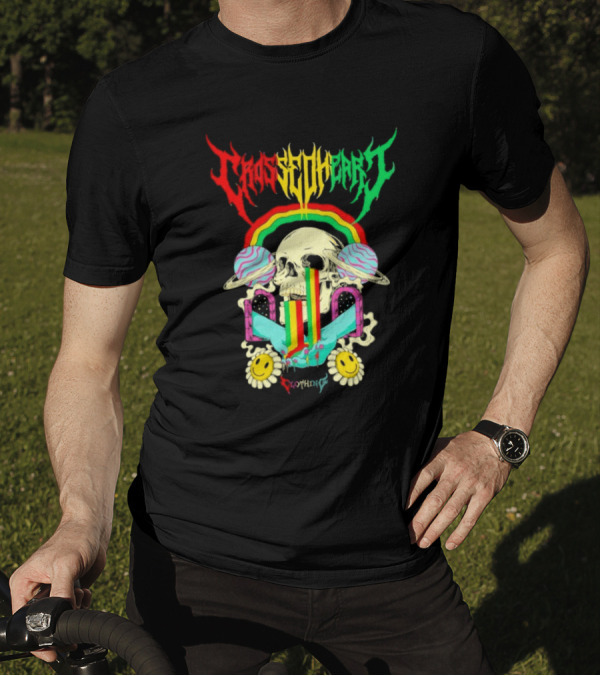 Crossed Heart Skull With Rainbow And Smiley Faces T-Shirt